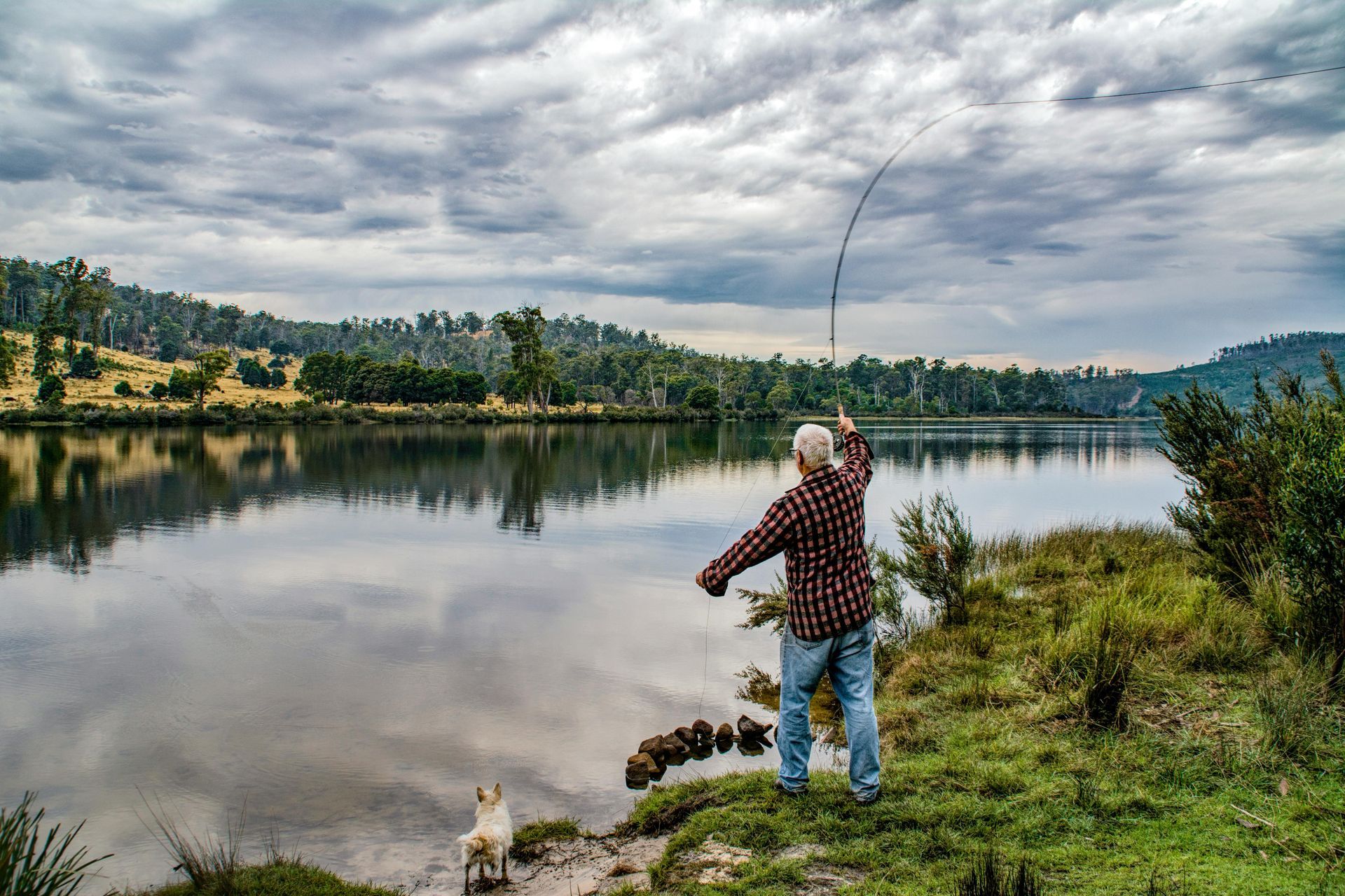 Man fishing on a lake, casting his line. A dog watches. Overcast day; trees in the background.