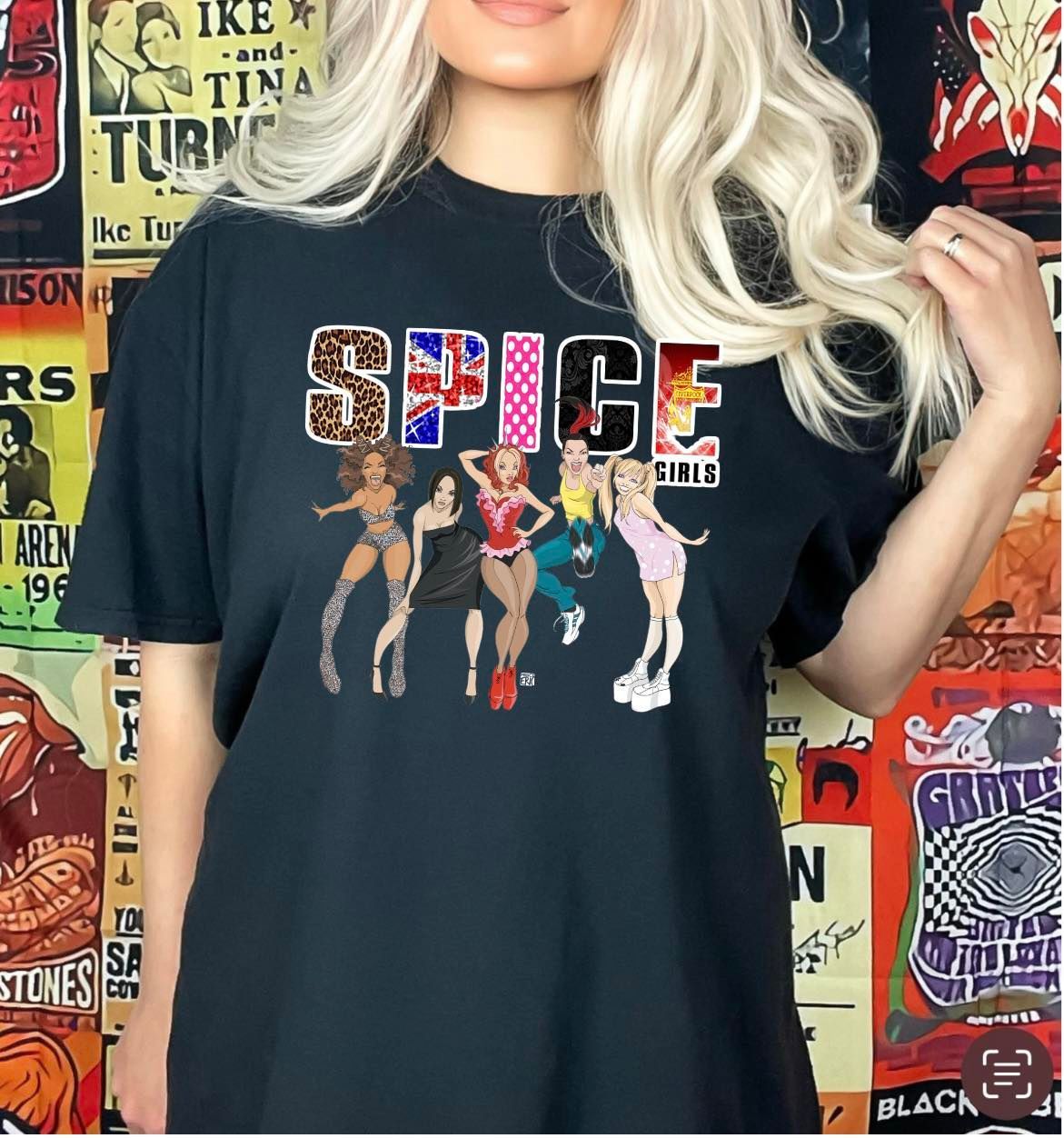 Black t-shirt with Spice Girls cartoon graphic;