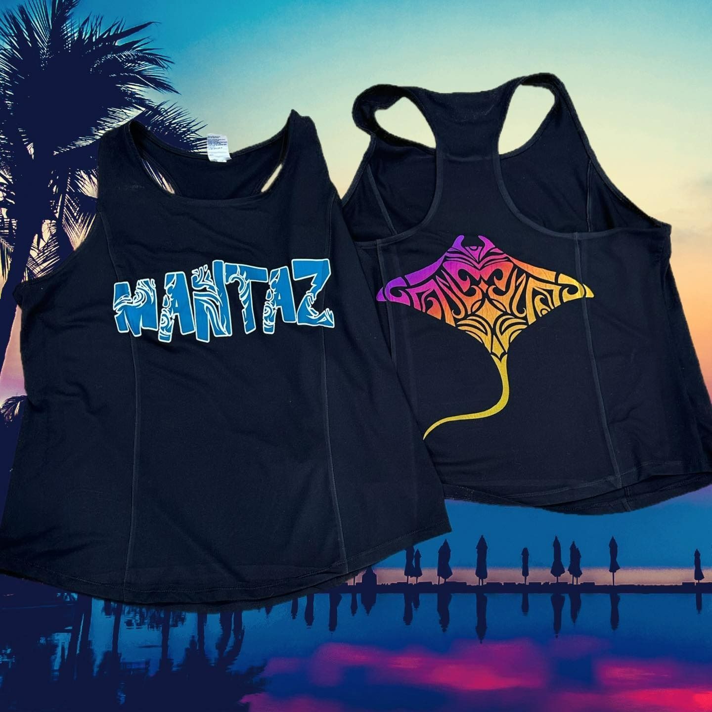 Two black tank tops. Front: