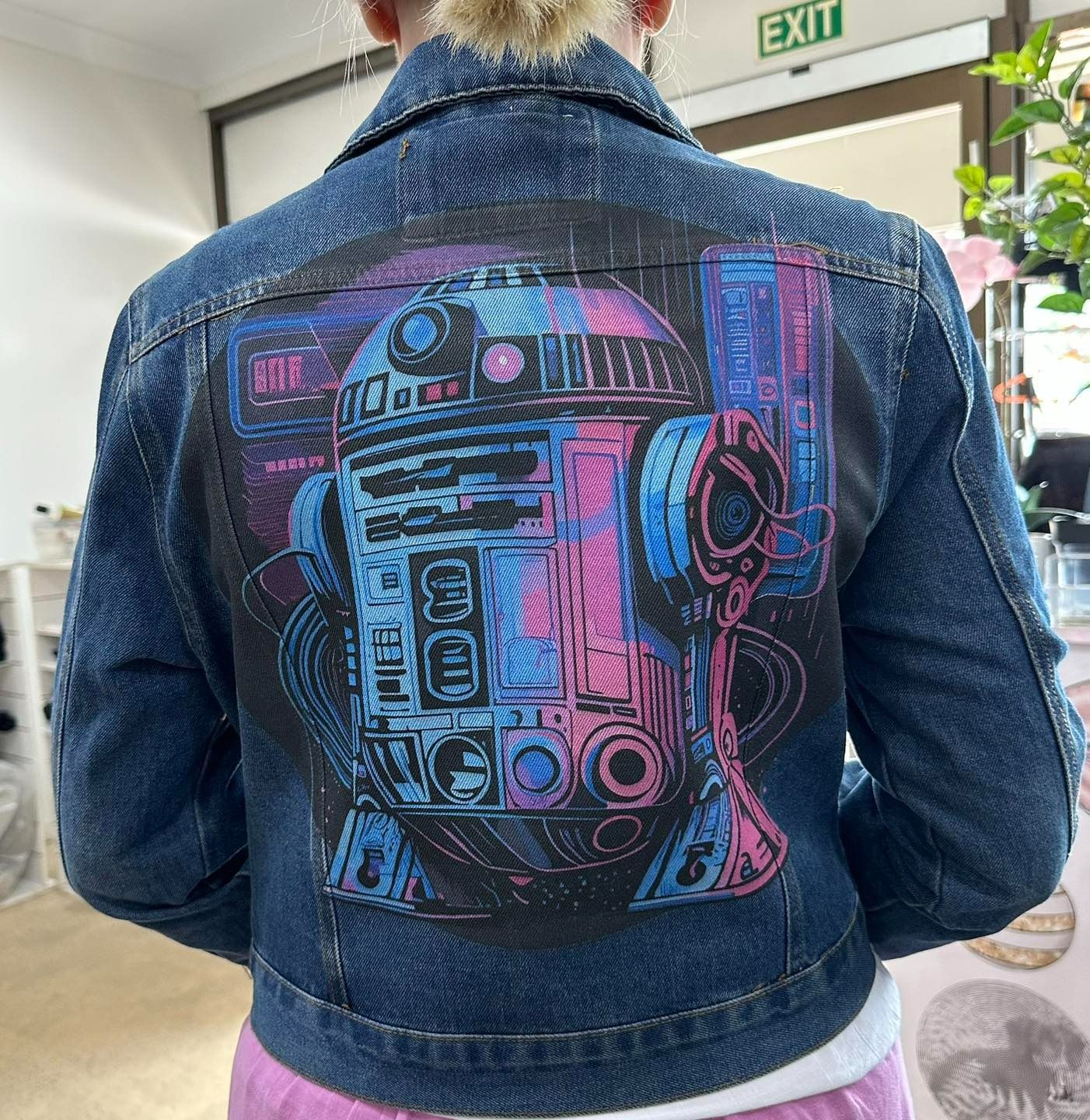 Person Wearing Denim Jacket with Star Wars R2-D2 Graphic — That Printed Vinyl Place in Heatley, QLD
