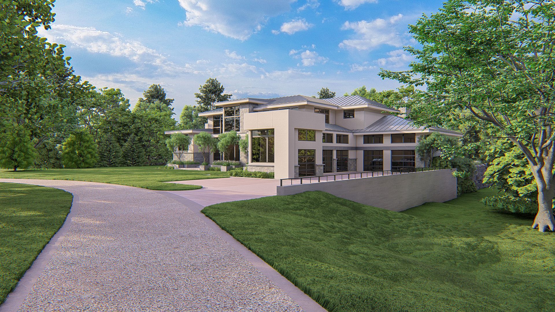 A Large House With A Gravel Driveway - Carmel, IN - Goldberg Design Group