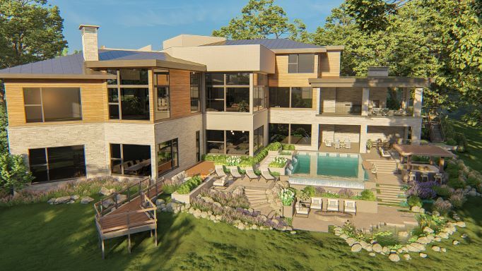 An Aerial View Of A Large House With A Swimming Pool - Carmel, IN - Goldberg Design Group