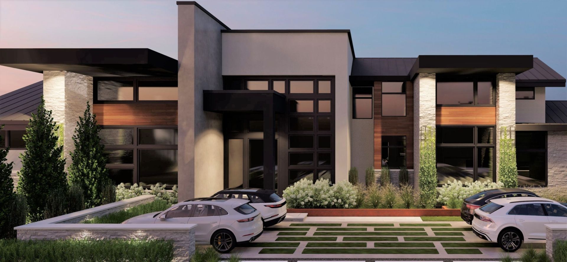 A Modern House With A Wide Garage And Cars Parked On It - Carmel, IN - Goldberg Design Group