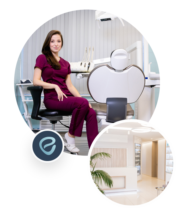 Dentist in maroon scrubs seated in a modern dental clinic, with treatment room and reception inset.