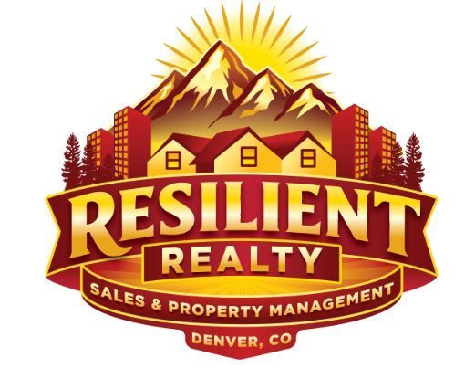 Logo for Resilient Realty with mountains, sun, houses, and the text "Sales & Property Management, Denver, CO".