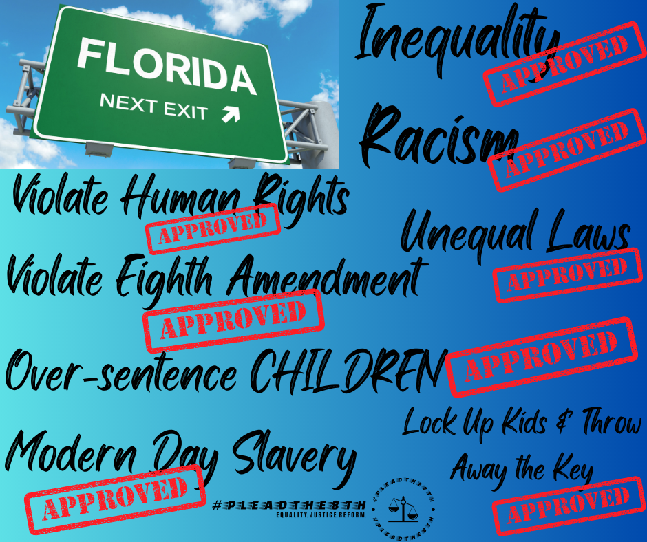 Florida; inequality, racism, unequal laws, violates eighth amendment, excessive punishment of children, modern day slavery, violates human rights, locks up kids and throws away the key.