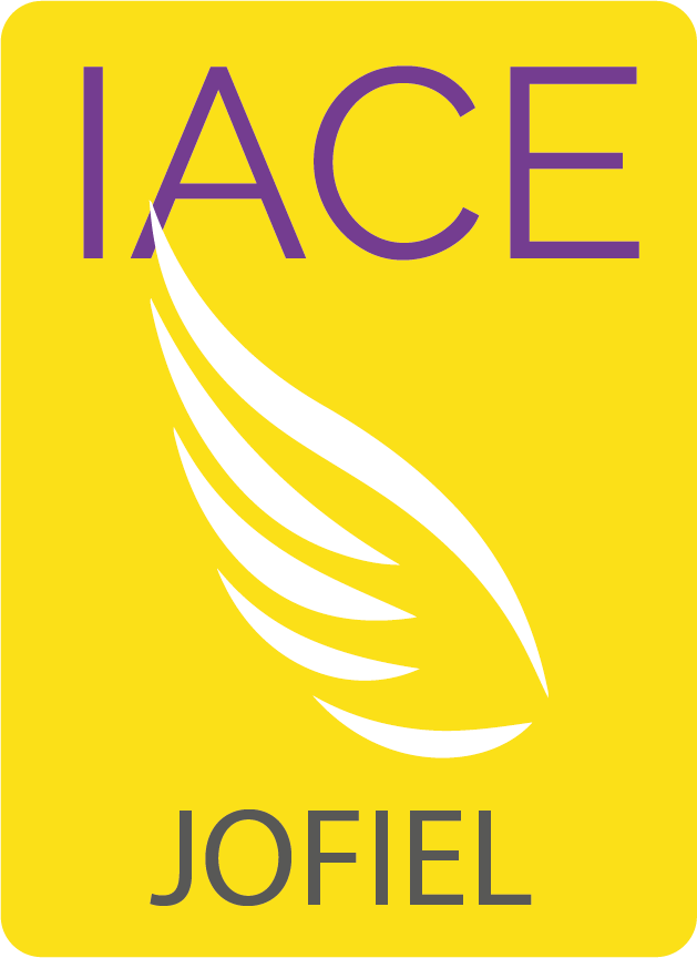 Logotipo amarillo de IACE JOFIEL con un gráfico de un ala blanca similar a una pluma y texto morado.