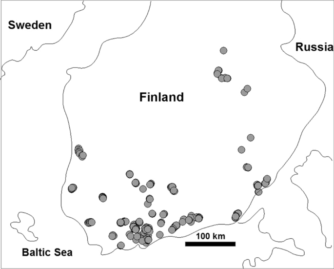 Abb.: Standorte der Kamerafallen (n = 580; graue Punkte), die zur Analyse des Vorkommens von Mesoprädatoren in Süd- und Mittelfinnland verwendet wurden