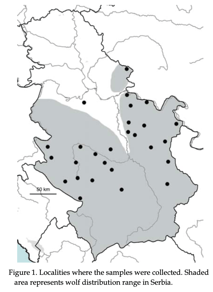 Figure 1. Localities where the samples were collected. Shaded area represents wolf distribution range in Serbia.