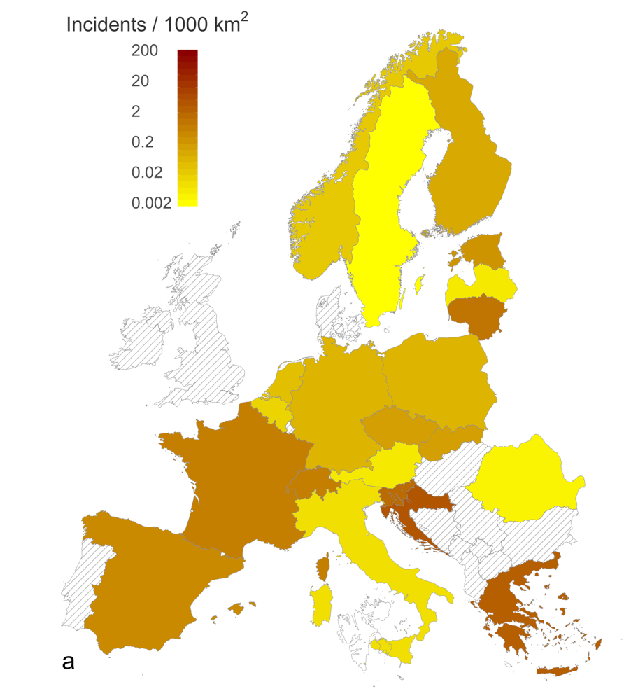 Abb.: Europaweite Schadensdichte in den Jahren 2018 bis 2020 bezogen auf die einzelnen Staatsgebiete.