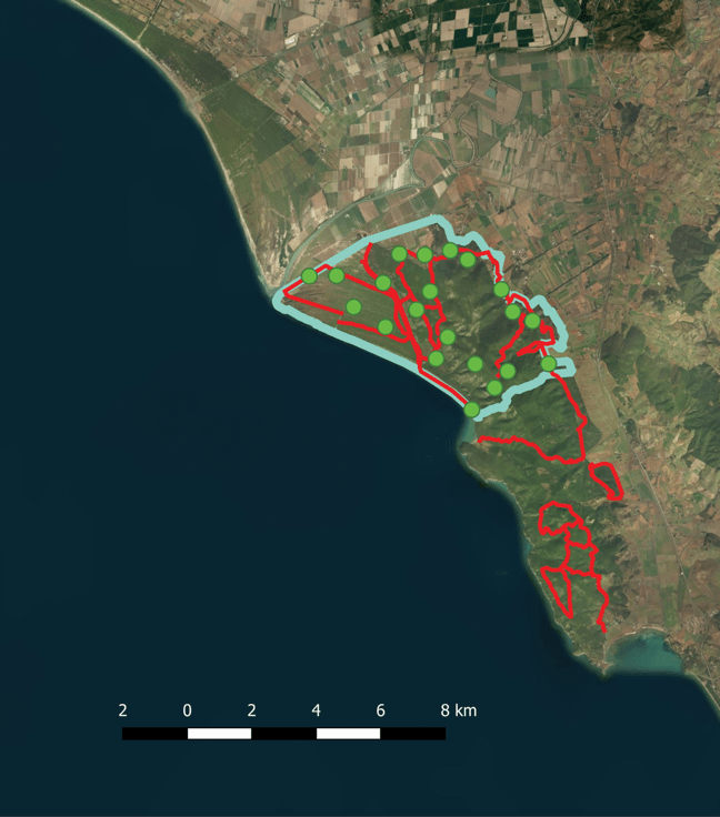 Bild: Karte des Untersuchungsgebiet im Maremma Regionalpark in Italien