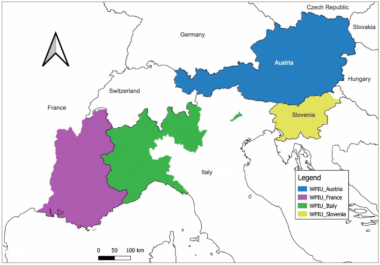 Abb.: Verteilung der Wolfsvermeidungseinheiten (Wolf Prevention Intervention Units, WPIUs) über die Alpen im Gebiet der LWA EU