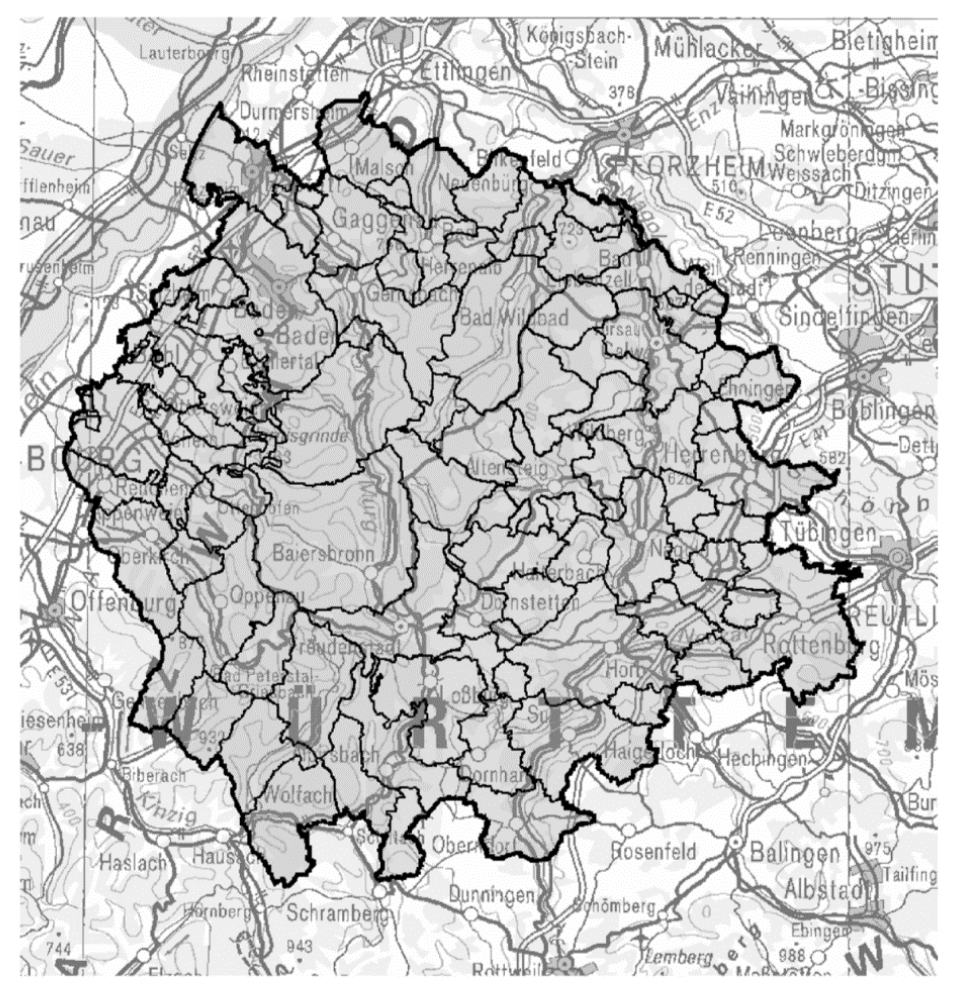 Wolf area in Baden-Württemberg (depicted in dark grey; Ministerium für Umwelt, Klima und Energiewirtschaft Baden-Württemberg, 2018 )