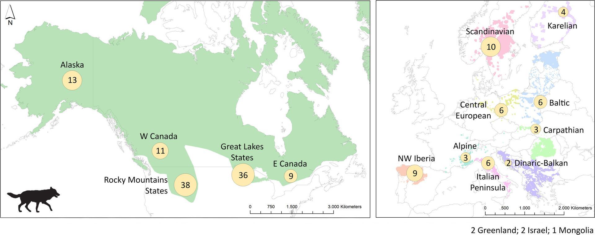 Abb.:  Standorte von Studien, die Daten zur Wolfsmortalität lieferten