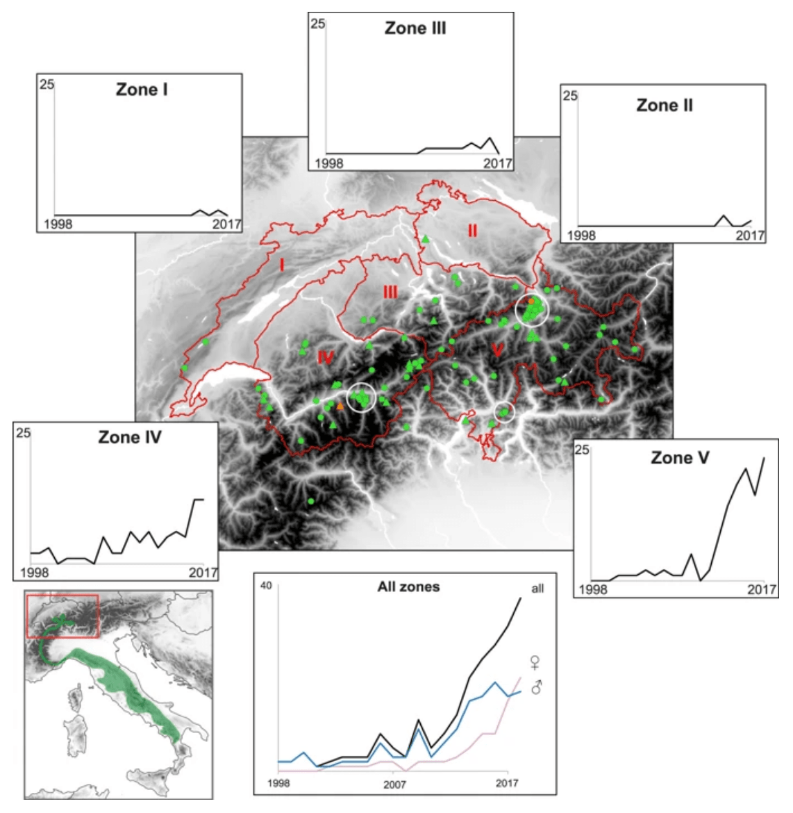 Bild Evolution of the numbers of detected wolves in Switzerland in space and time.