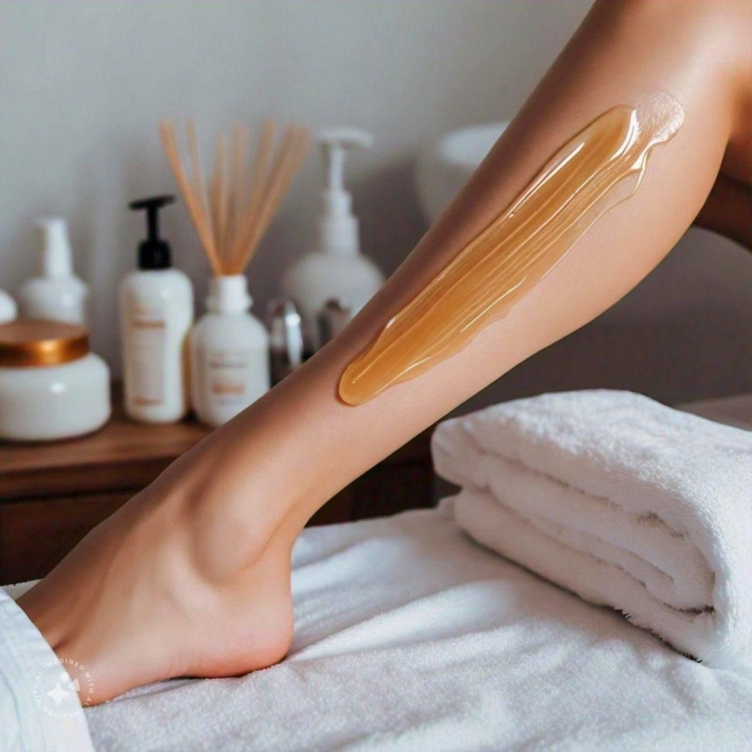 Leg being waxed in a spa, with wax applied. Several skincare bottles are in the background.
