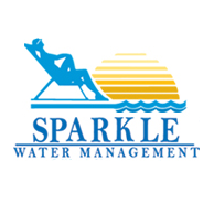A logo for sparkle water management with a man laying in a chair