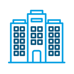 Contorno azul de un edificio de oficinas de varios pisos con muchas ventanas.
