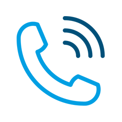 Receptor de teléfono con contorno azul y ondas de sonido.