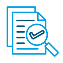 Documento delineado en azul con lupa resaltando una marca de verificación.