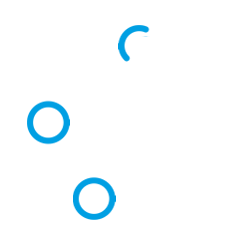 Tres formas circulares azules: dos círculos y una línea curva, sobre fondo blanco.