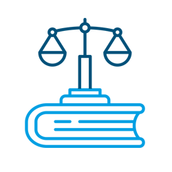 Icono de balanza de la justicia encima de un libro, contorno azul.