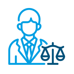 Abogado con traje azul, icono de balanza de la justicia.