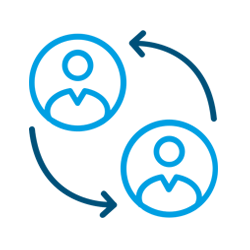 Dos figuras azules en círculos con flechas curvas, que ilustran la comunicación/intercambio.