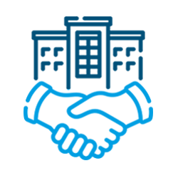 Arte de línea azul: edificios sobre manos unidas, que representan asociación.