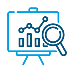 Icono azul y blanco de una pantalla de presentación con gráficos y una lupa.