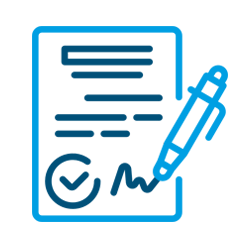 Icono azul de un documento con líneas de texto, marca de verificación, firma y bolígrafo.