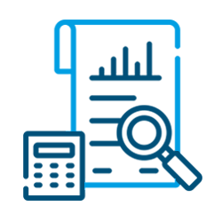 Calculadora, lupa y documento con gráfico de barras. Icono de análisis financiero azul y blanco.