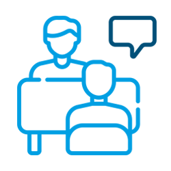 Dos personas en una sesión de terapia; una hablando con un globo de diálogo.