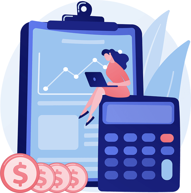 Mujer analizando datos financieros en una computadora portátil, con calculadora, portapapeles y monedas.