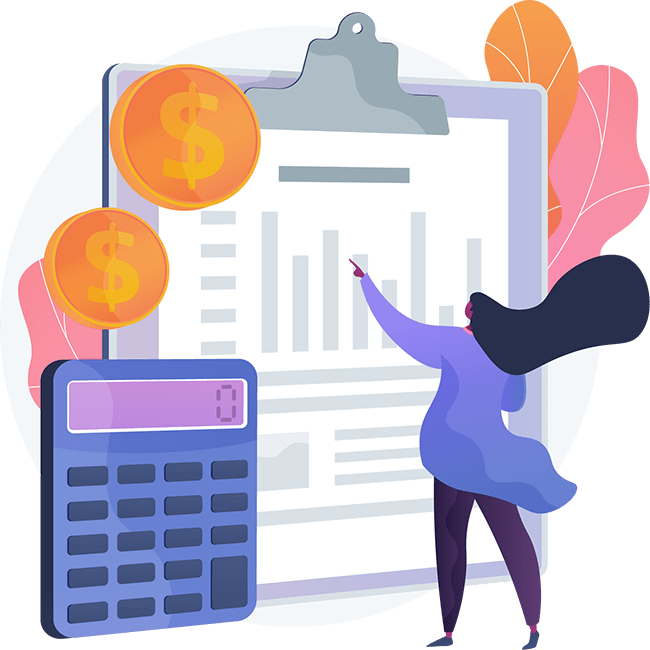 Persona señalando un gráfico financiero, con monedas, calculadora y portapapeles.