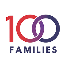A red and purple logo for 100 families