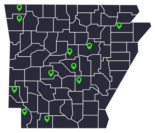 Map of Arkansas counties with green location markers.