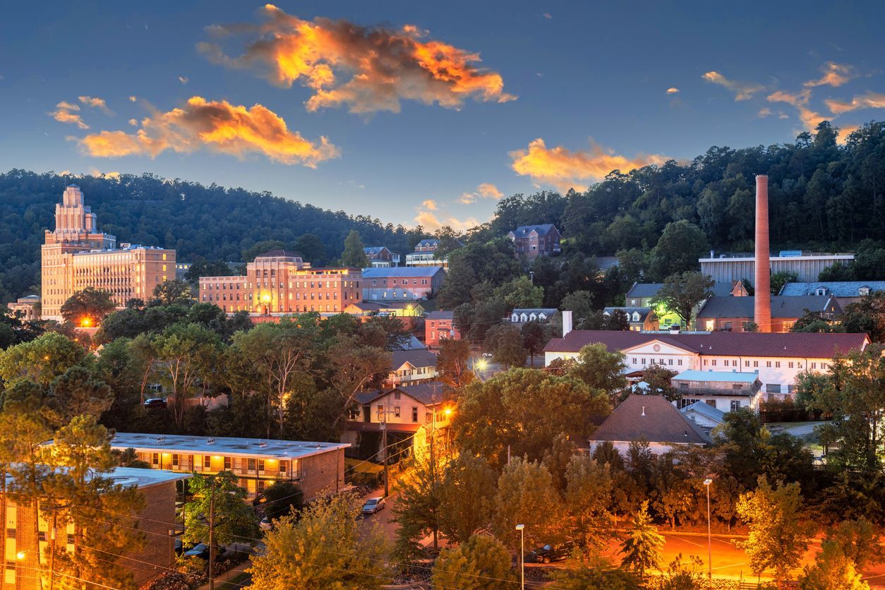 An aerial view of a small town at night. Hot Springs, AR. Southern Caregivers Hot Springs. Caregivers in Hot Springs, AR.