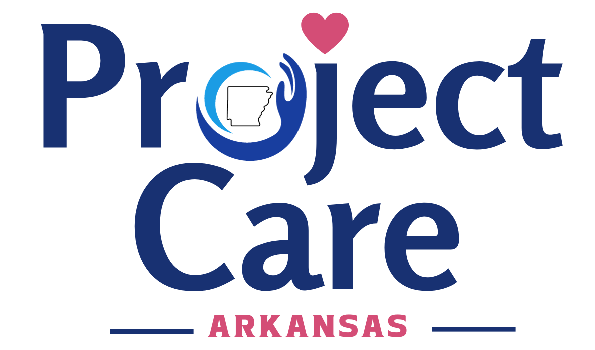 A blue and red logo for project care arkansas