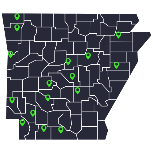 Map of Arkansas counties with green location markers.