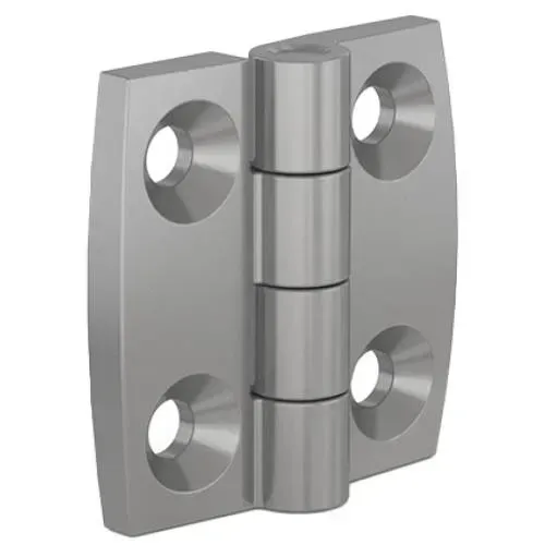 A close up of a stainless steel hinge on a white background.