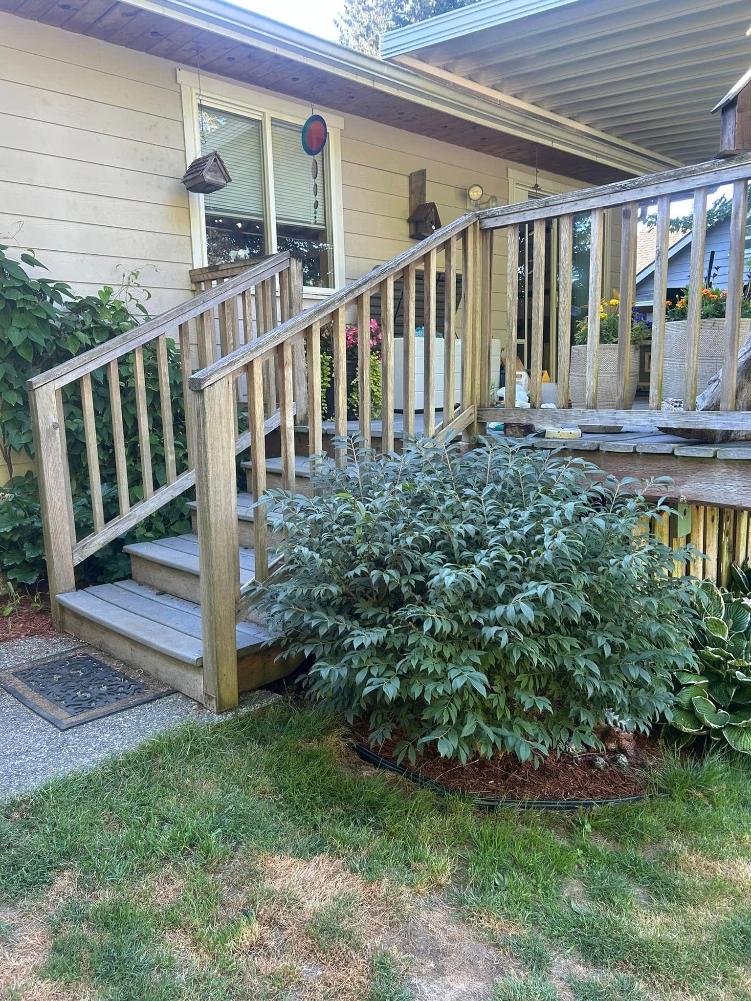 Wooden deck with stairs, a bushy green shrub, and a cream-colored house.