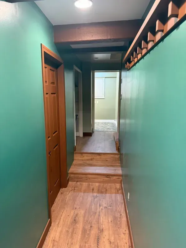 Hallway with teal walls, wood floor, and steps leading to a bathroom. Wooden door on the left.