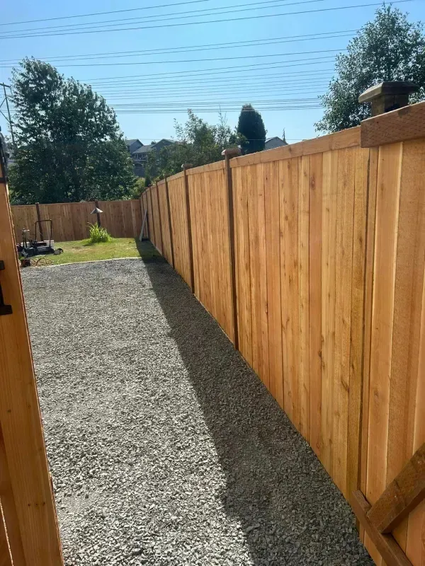 Wooden fence with gravel pathway, under a clear blue sky.