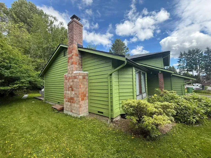 Green house with brick chimney, surrounded by green grass and trees, under a partly cloudy sky.
