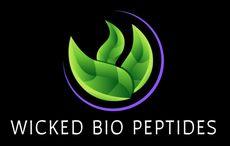 Logo for Wicked Bio Peptides, featuring three green leaves encircled by a purple arc.