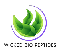 Logo for Wicked Bio Peptides, featuring three green leaves encircled by a purple arc.