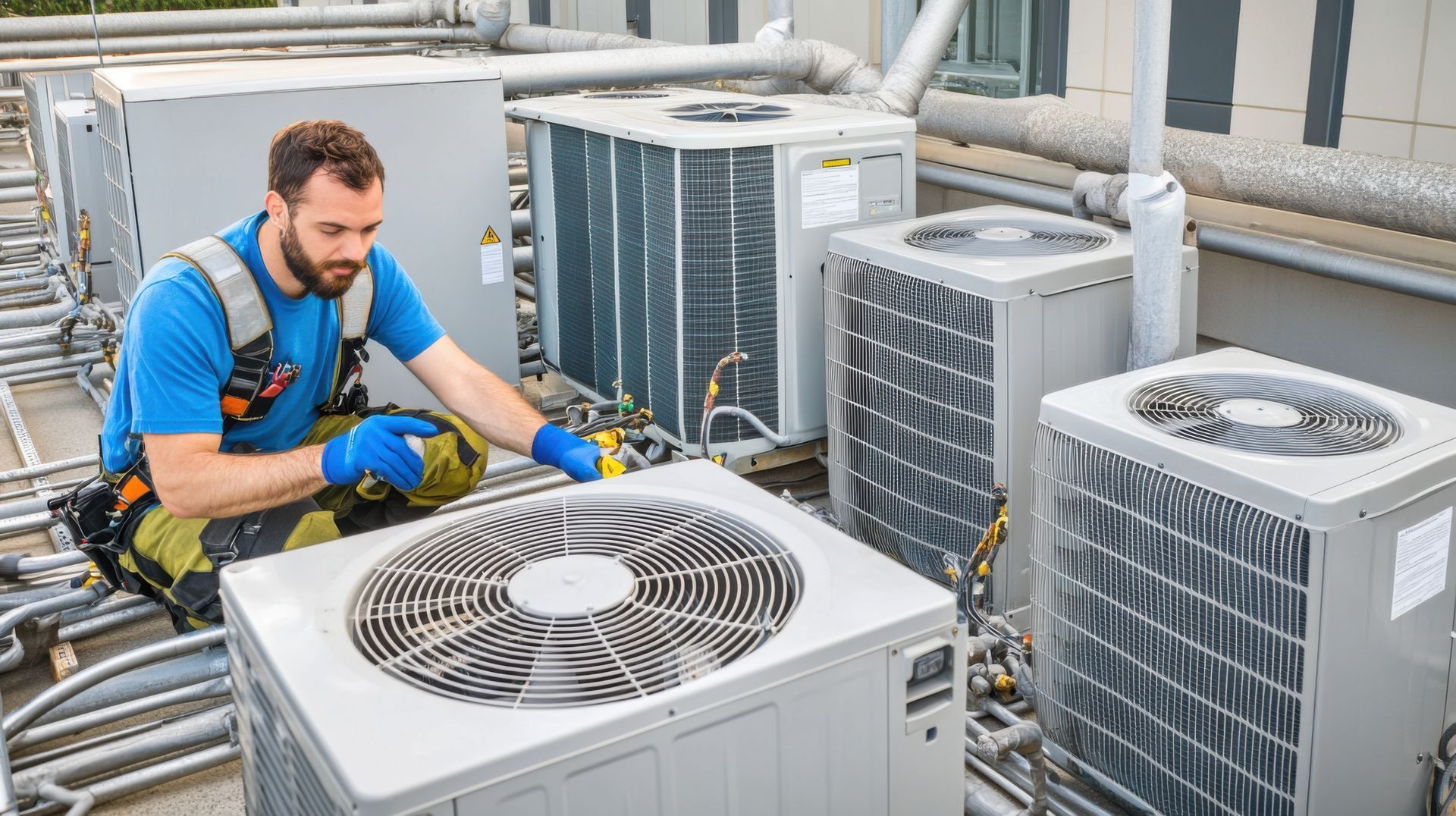 A technician servicing AC units for a commercial building from a commercial HVAC company.