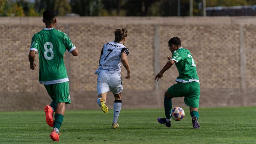 Soccer players in green and gray uniforms chase the ball on a grassy field