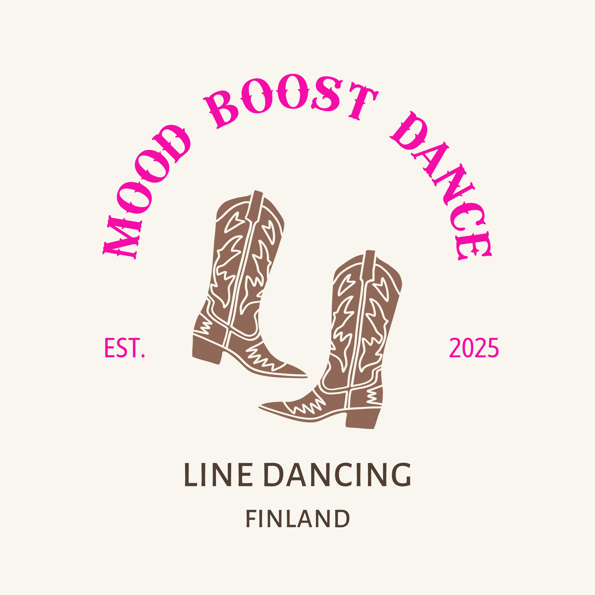 Pink “Mood Boost Dance” logo with cowboy boots, “Line Dancing,” and “Finland” text.